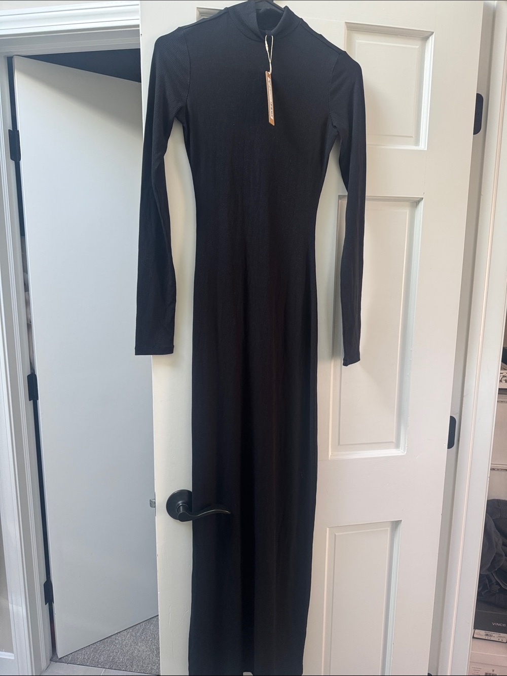 SKIMS Black Long-Sleeve Maxi Dress with High Neck